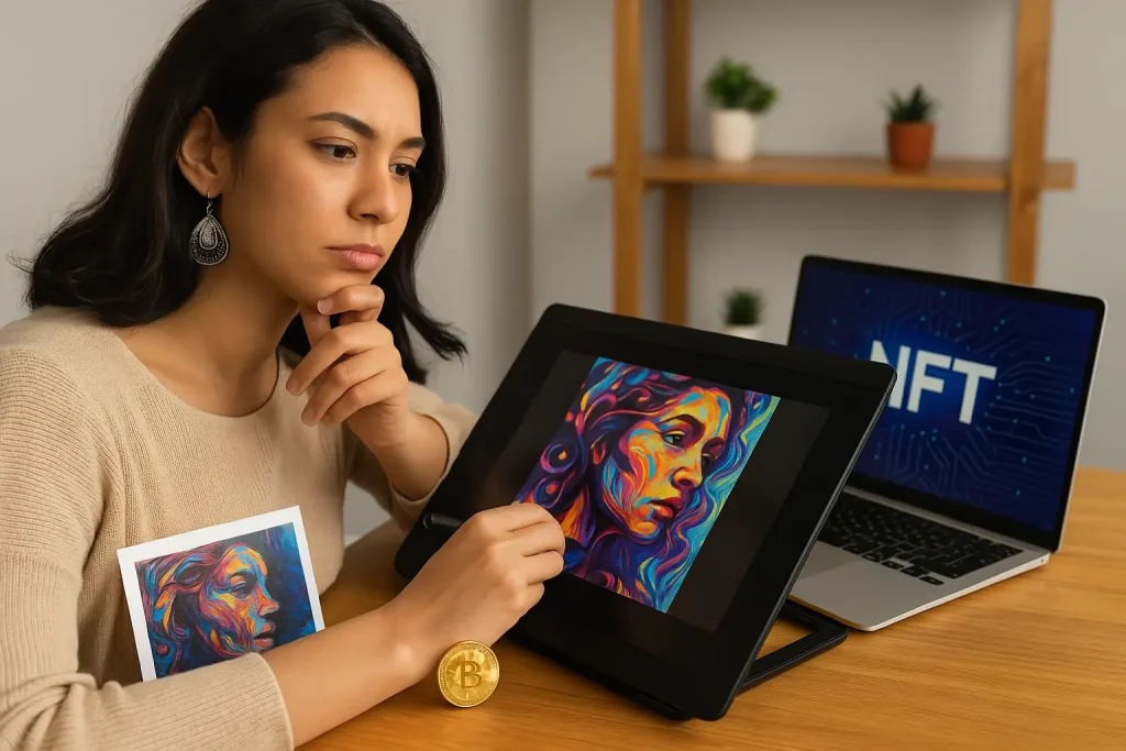 Mulher artista criando em mesa digital com cores vibrantes em monitor, representando inovação e oportunidades na arte digital com NFTs.