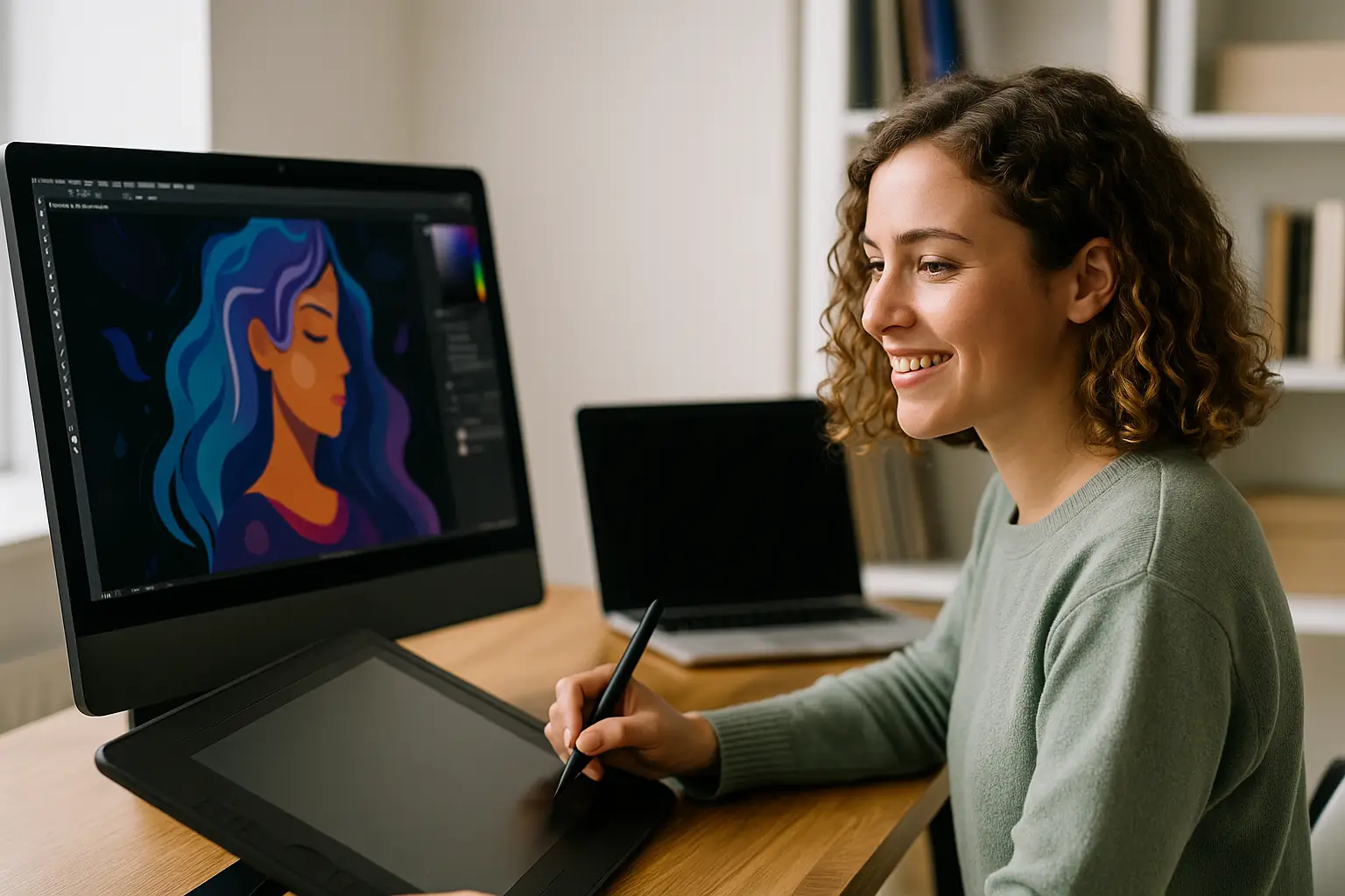 Jovem artista sorridente usando tablet gráfico em estúdio moderno, desenvolvendo obra criativa em tela, simbolizando o mercado de arte digital.