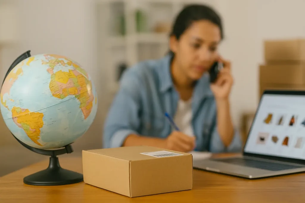 Globo terrestre, caixa de envio e empreendedora trabalhando em laptop de e-commerce, representando logística e gestão no Dropshipping Internacional.
