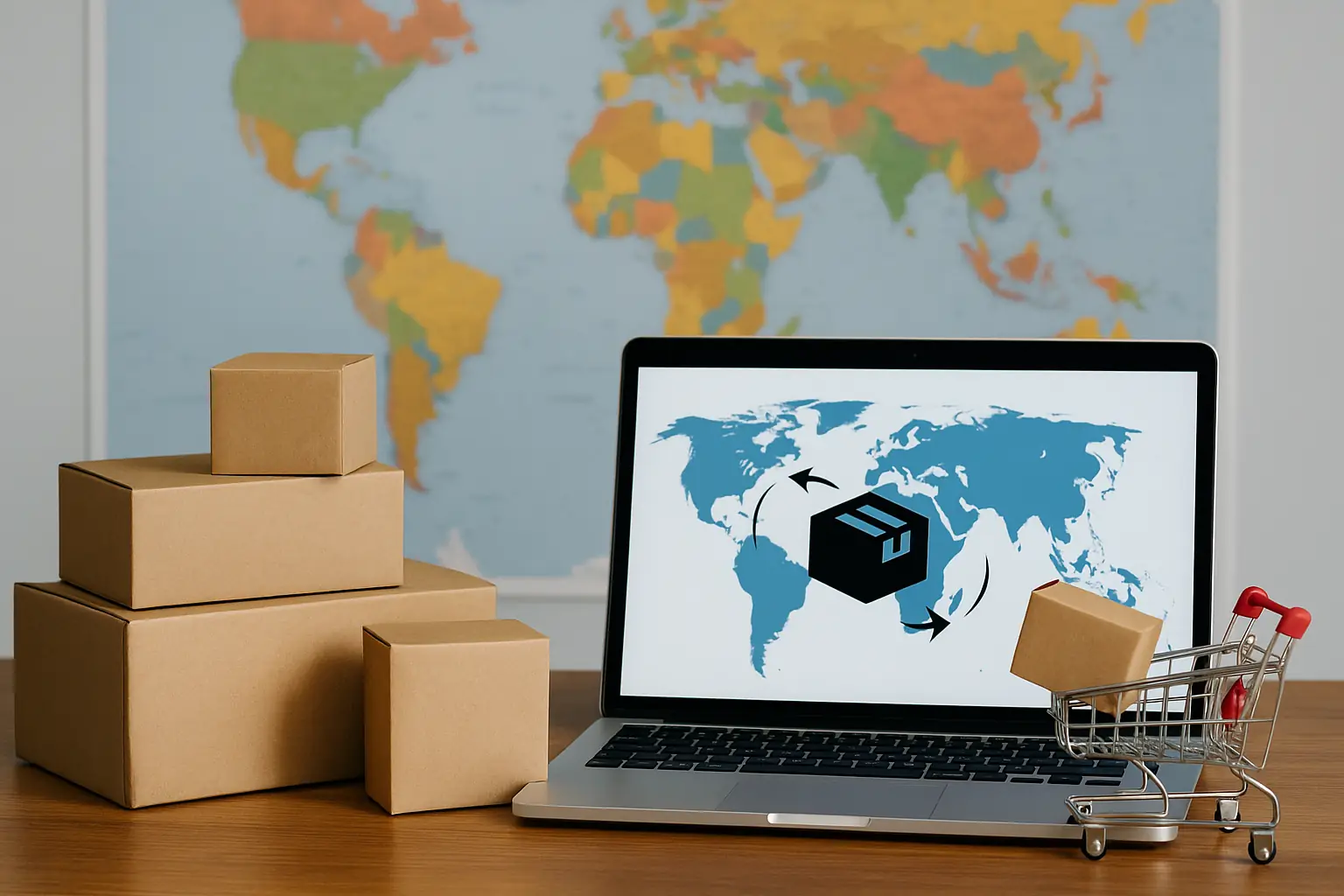Laptop exibindo mapa mundial com caixas de envio e carrinho de compras em mesa de trabalho, simbolizando operações de Dropshipping Internacional