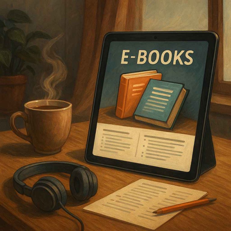 Ambiente aconchegante com tablet exibindo livros digitais, xícara de café fumegante e fones de ouvido sobre a mesa, em estilo realista detalhado.