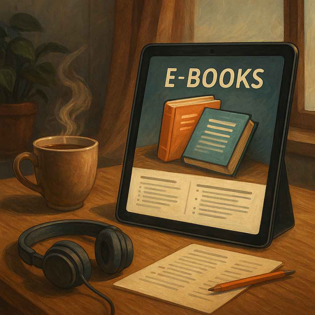 Ambiente aconchegante com tablet exibindo livros digitais, xícara de café fumegante e fones de ouvido sobre a mesa, em estilo realista detalhado.