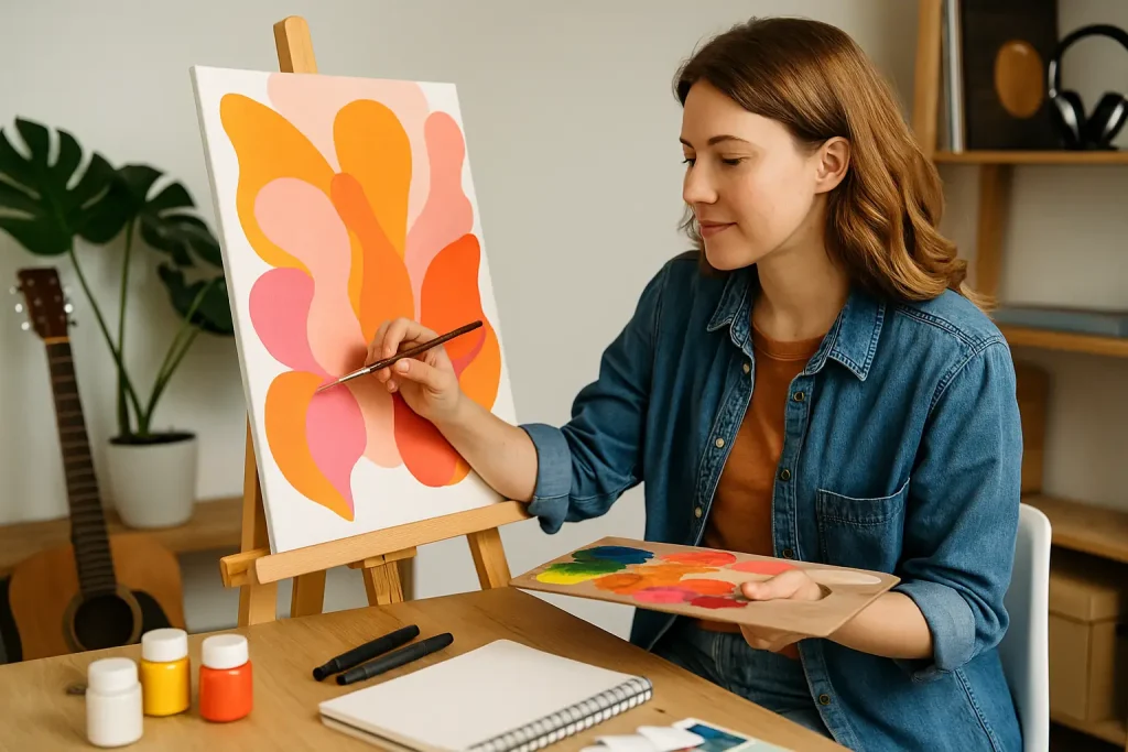 Mulher pintando obra abstrata colorida em cavalete, em ambiente moderno e inspirador, simbolizando inovação e expressão na economia criativa.