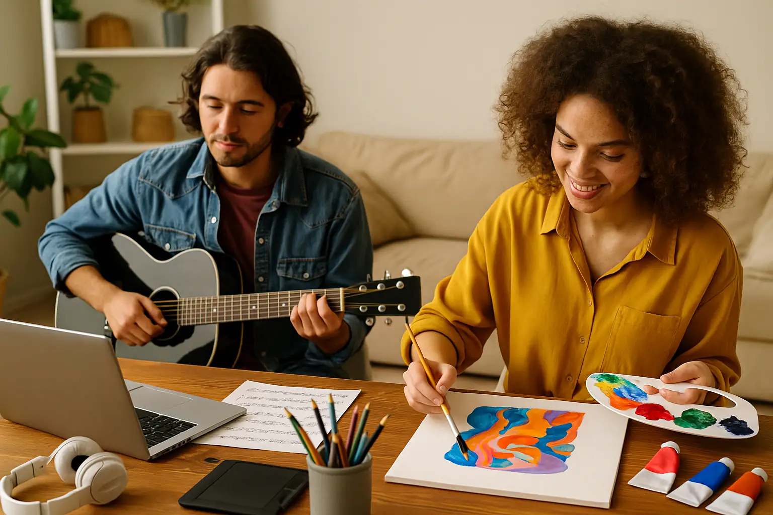 Artista e músico trabalhando juntos em estúdio caseiro criativo, representando colaboração e diversidade dentro da economia criativa
