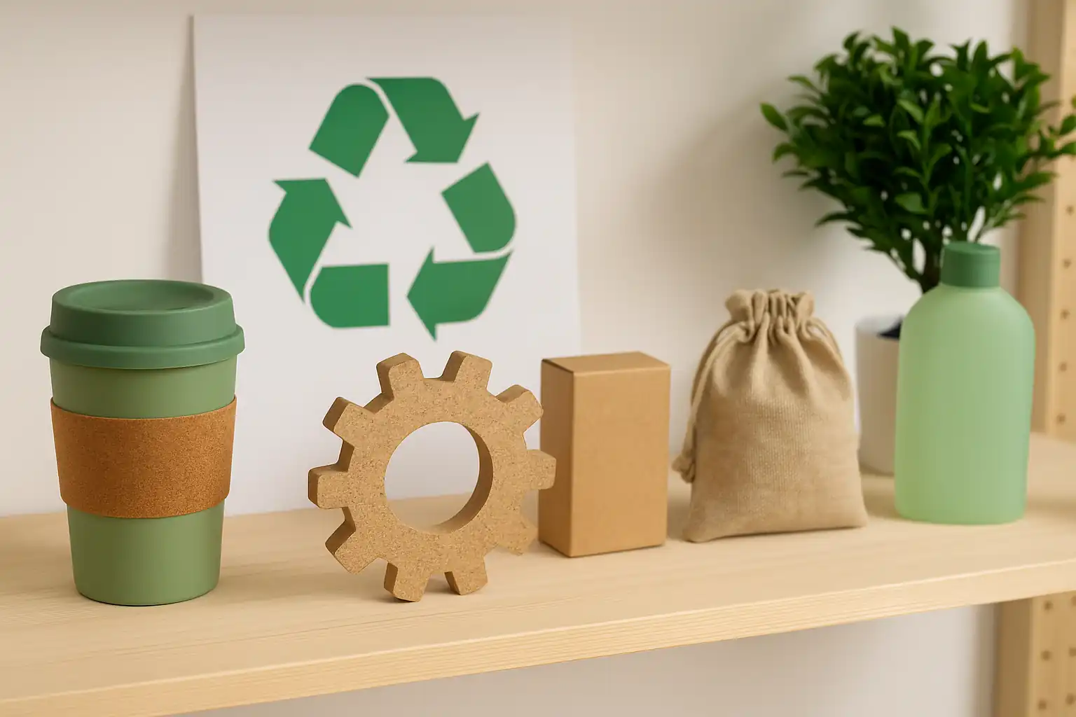 Exposição de produtos sustentáveis feitos de materiais reutilizados em prateleira de madeira clara, destacando a economia circular no consumo consciente.