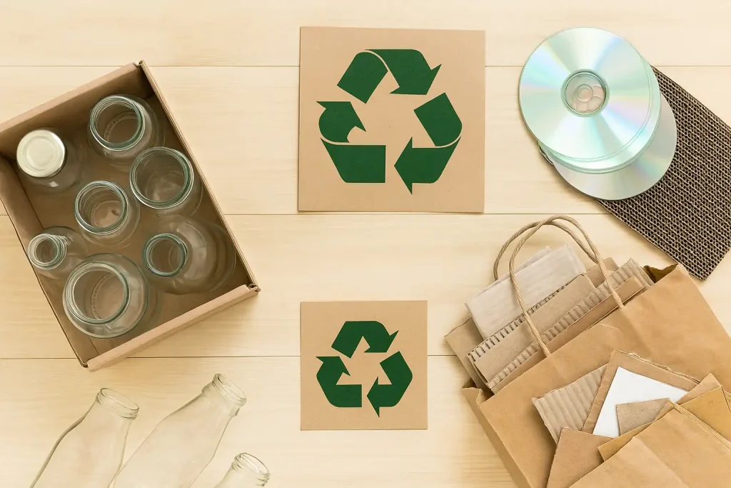 Arranjo de materiais recicláveis como vidros, papelão e sacolas reutilizáveis sobre mesa de madeira, simbolizando a economia circular no reaproveitamento de recursos.