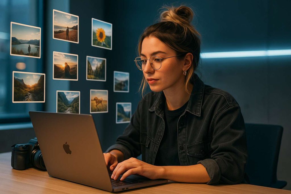 Fotógrafa jovem em frente ao laptop em ambiente moderno, analisando imagens digitais que flutuam ao redor, sugerindo upload para bancos de imagens, estilo realista com atmosfera futurista.