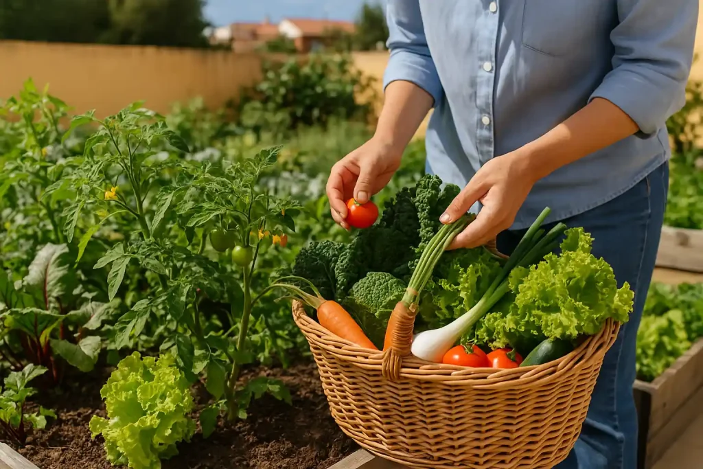 Pessoa colhe tomates e vegetais orgânicos em uma horta em casa, segurando cesta de vime cheia de cenouras, alfaces, cebolinhas e abobrinhas em um jardim urbano.