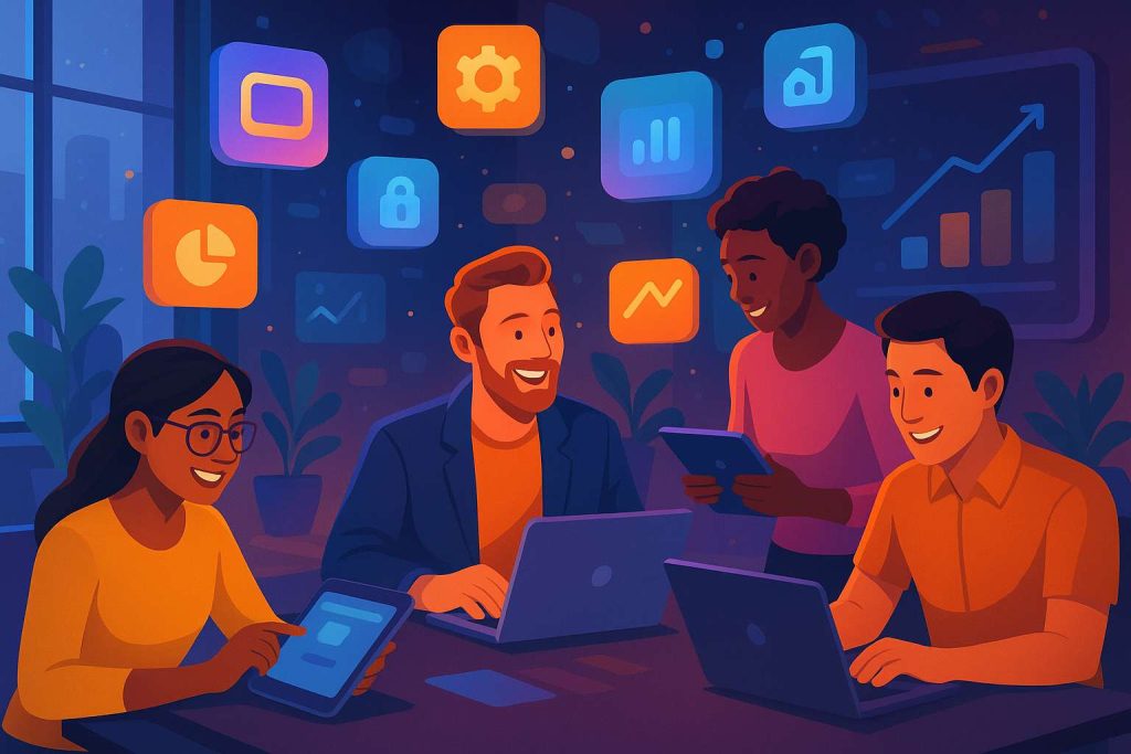 Ilustração futurista de um grupo diverso em um coworking moderno, colaborando no desenvolvimento de aplicativos em tablets e laptops, com ícones digitais flutuando ao fundo, transmitindo inovação e cooperação.