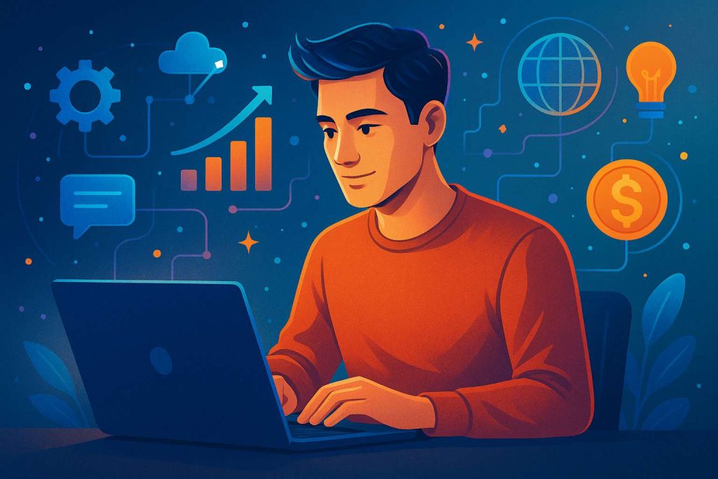 Homem concentrado em um notebook, cercado por ícones digitais flutuantes que simbolizam tecnologia e renda digital, em estilo moderno, detalhado e futurista com cores vibrantes.