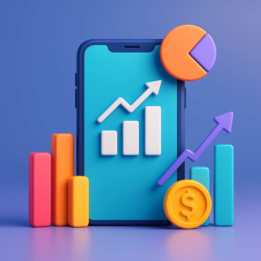 Ilustração minimalista em 3D, mostrando um smartphone centralizado com gráficos de crescimento ao redor, representando lucro e expansão no universo de aplicativos, em um ambiente tecnológico limpo, elegante e vibrante.
