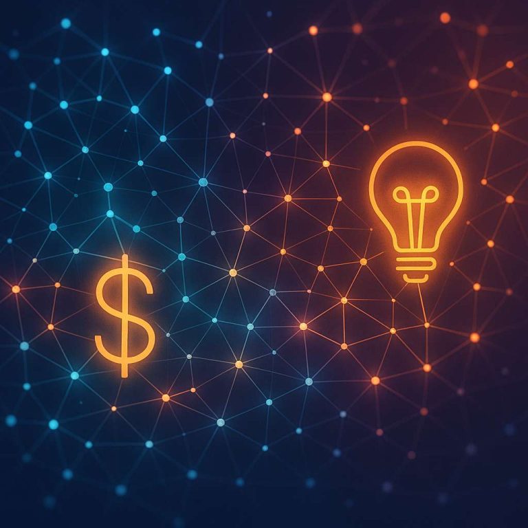 Rede digital minimalista com conexões luminosas se transformando em símbolos de dinheiro e criatividade, em estilo abstrato sofisticado que equilibra tecnologia e prosperidade.