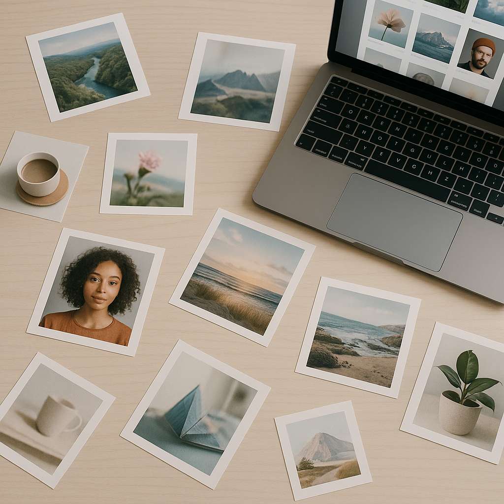 Mesa organizada com várias fotografias impressas e digitais misturadas, representando diversidade e oportunidades de venda, estilo minimalista com cores suaves e detalhamento artístico.