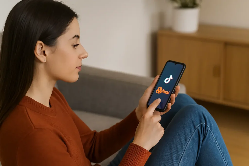 Jovem usando o celular em casa com os aplicativos TikTok e Kwai na tela, representando estratégias de monetização de conteúdo no TikTok.