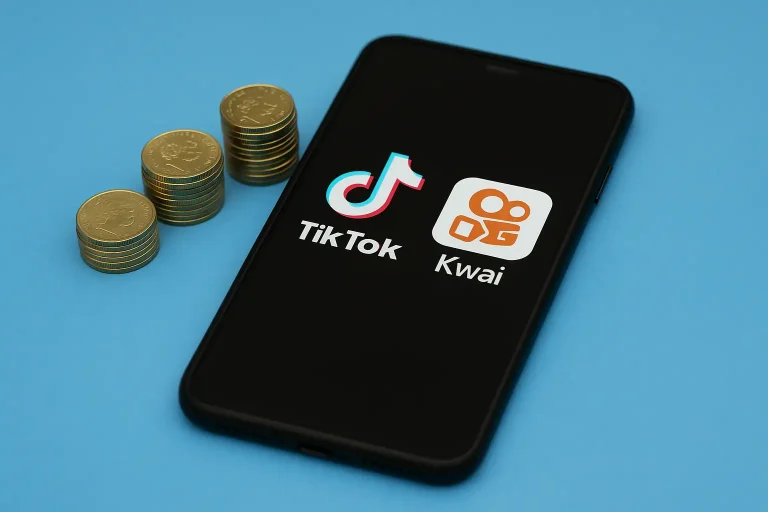 Smartphone exibindo os aplicativos TikTok e Kwai ao lado de moedas douradas, simbolizando monetização de conteúdo no TikTok e em plataformas digitais.