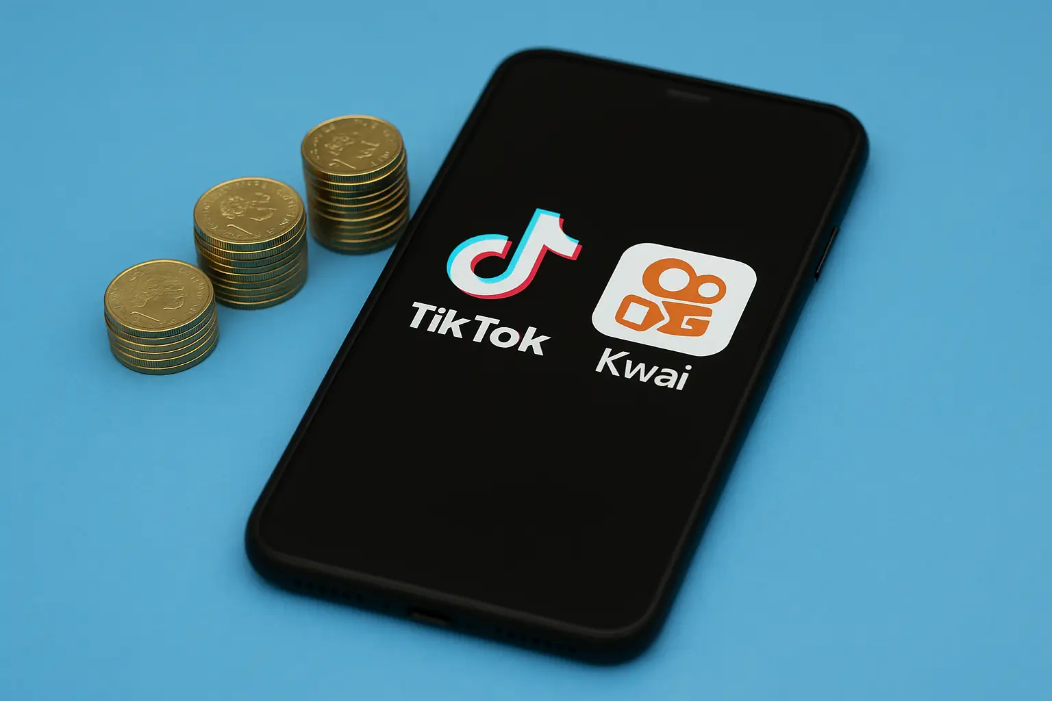 Smartphone exibindo os aplicativos TikTok e Kwai ao lado de moedas douradas, simbolizando monetização de conteúdo no TikTok e em plataformas digitais.