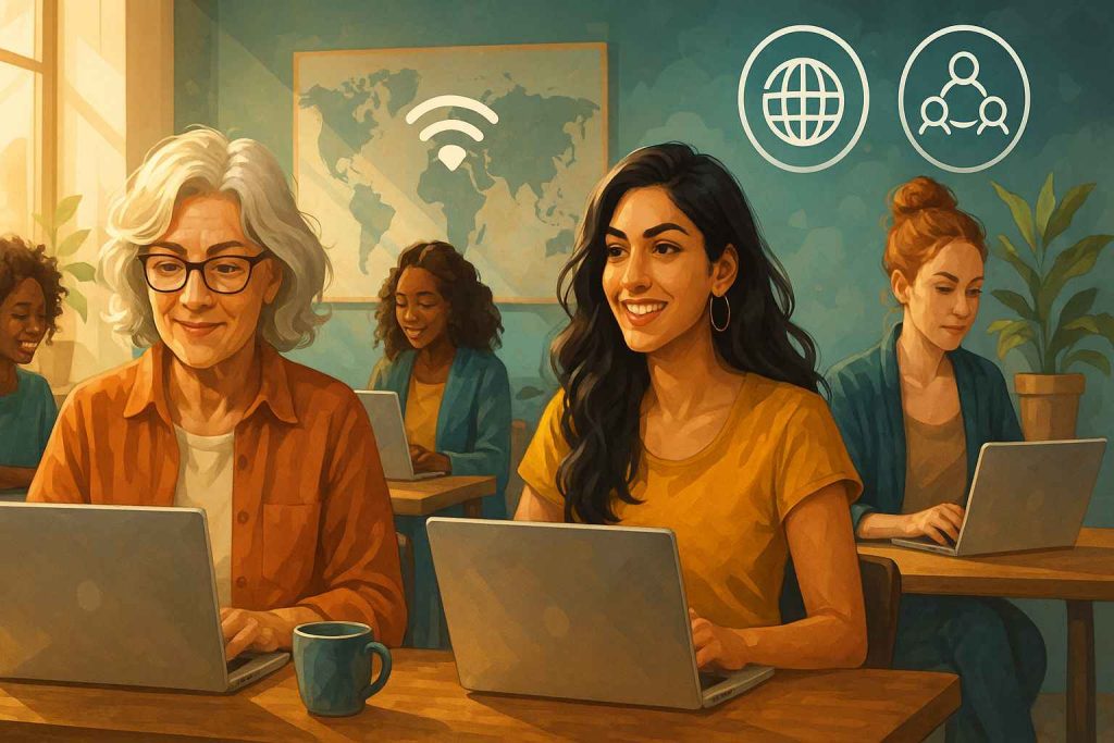 Mulheres diversas em idade e estilo trabalhando em laptops em plataformas online.