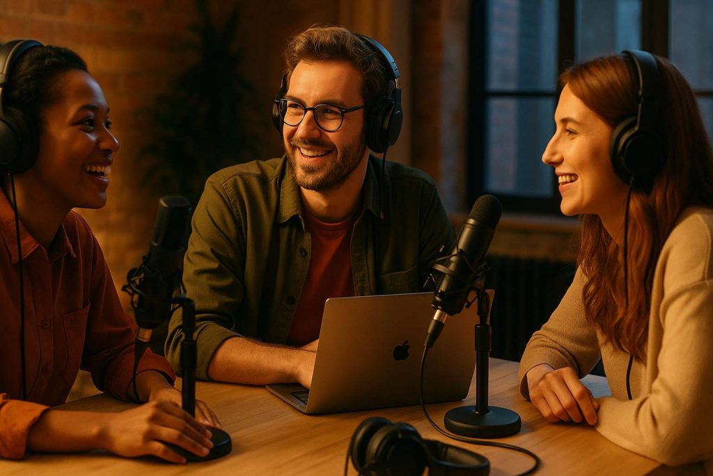 Três pessoas sorridentes conversando em um estúdio aconchegante, sentadas ao redor de uma mesa com microfones, fones de ouvido e um laptop, transmitindo um podcast.