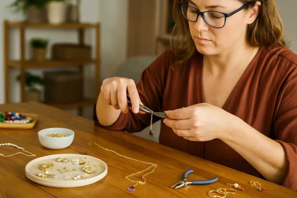 Mulher trabalhando em colar dourado com pedra roxa em oficina caseira, representando o mercado crescente da produção de bijuterias e semijoias.