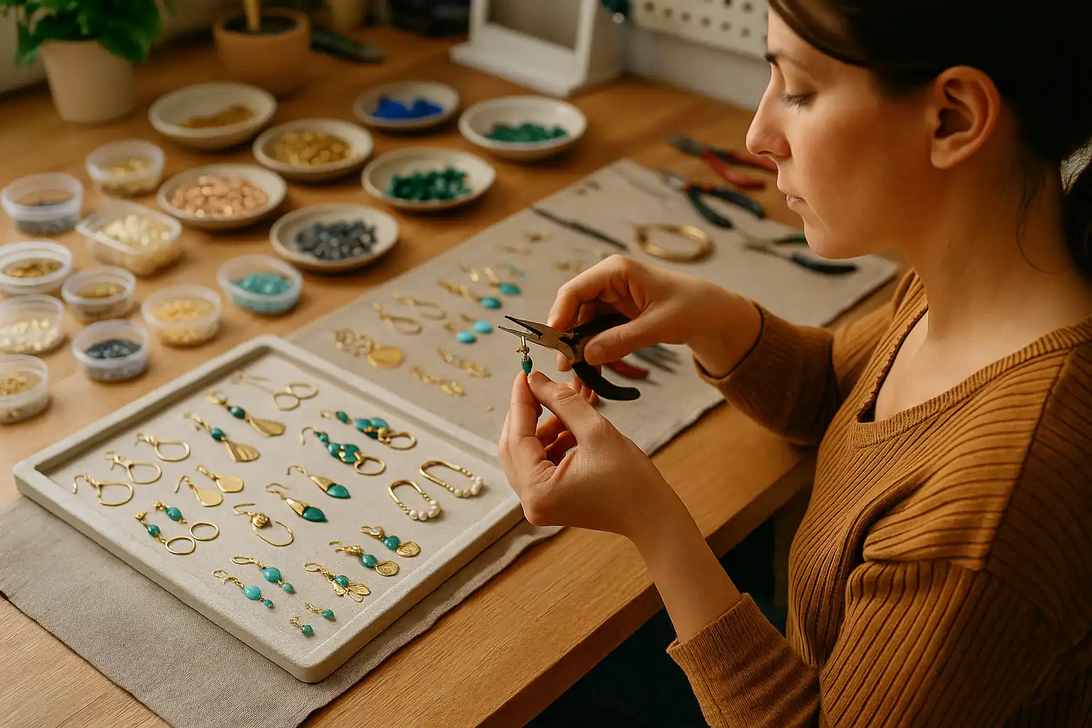 Artesã concentrada produzindo brincos dourados com pedras coloridas em bancada organizada, ilustrando a produção de bijuterias e semijoias.