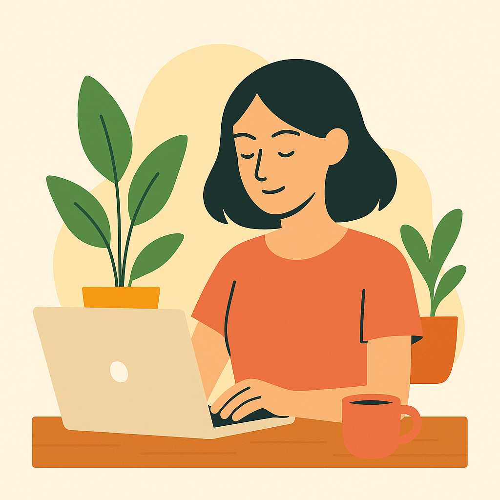 Desenho de uma profissional independente em casa, com computador, café e plantas ao redor.
