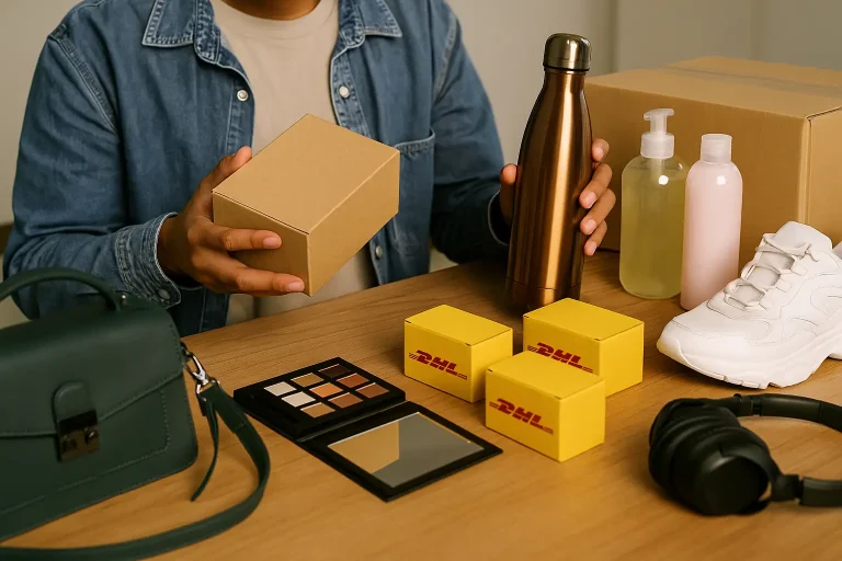 Pessoa manuseando caixas e itens como bolsa, maquiagem, fones e tênis sobre mesa, ilustrando revenda de produtos importados em nichos específicos