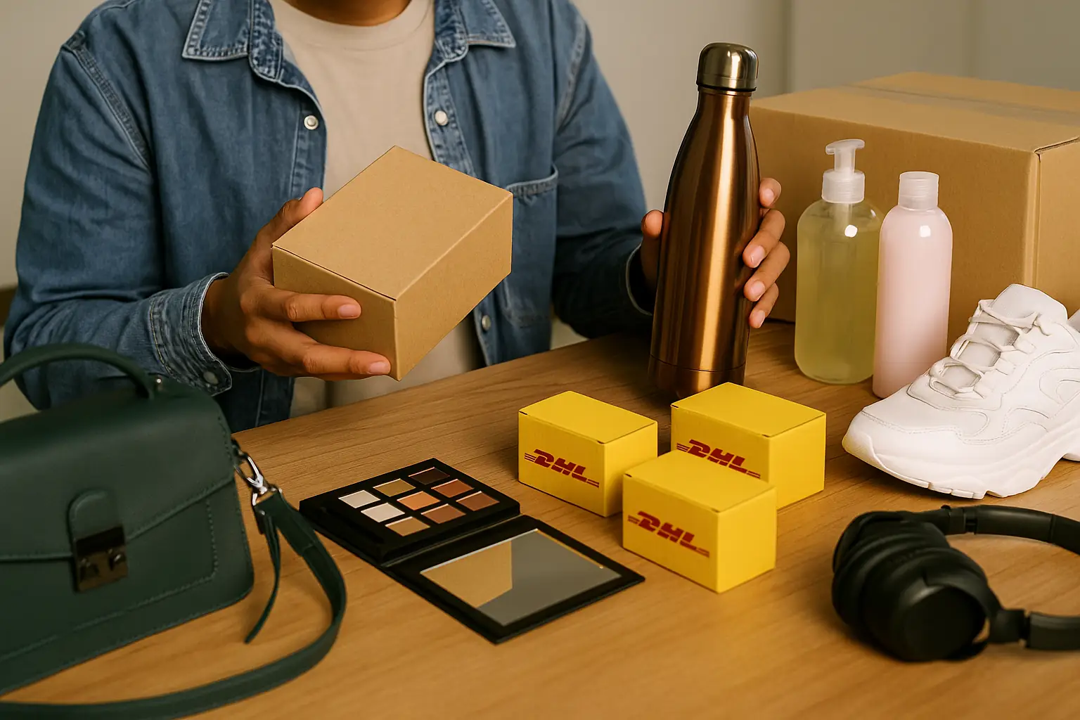 Pessoa manuseando caixas e itens como bolsa, maquiagem, fones e tênis sobre mesa, ilustrando revenda de produtos importados em nichos específicos