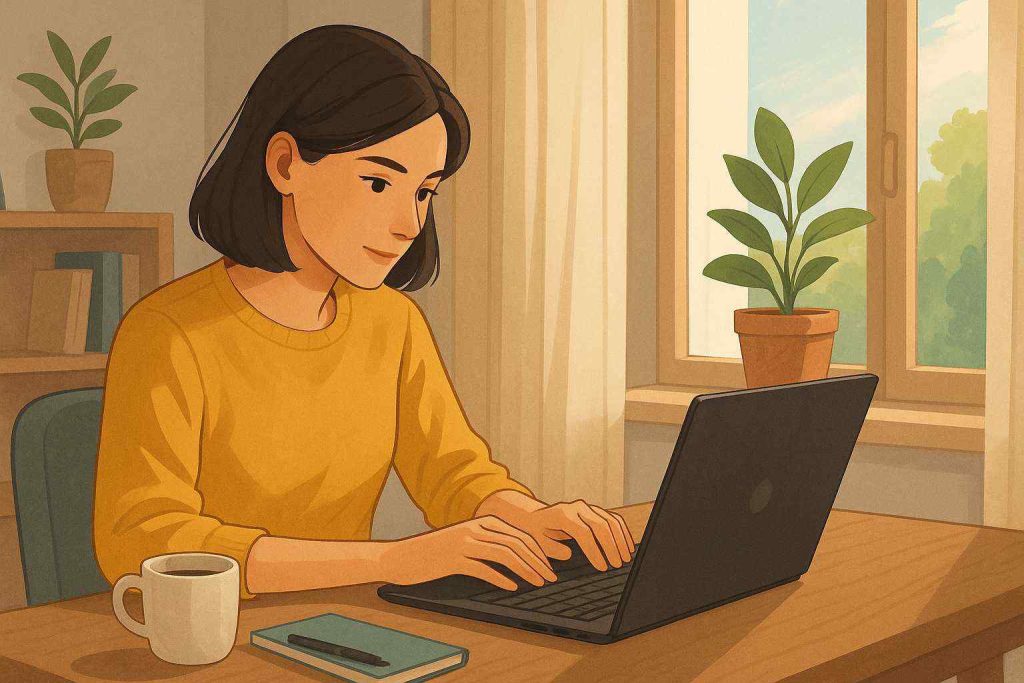 Ilustração digital realista de uma pessoa em ambiente aconchegante, trabalhando em um blog no seu laptop sobre mesa organizada com café e luz natural entrando pela janela.