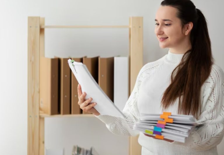 Mulher sorridente segura uma pilha de documentos organizados com clipes coloridos, em frente a uma estante com pastas, representando a eficiência alcançada por meio dos serviços de organização pessoal.