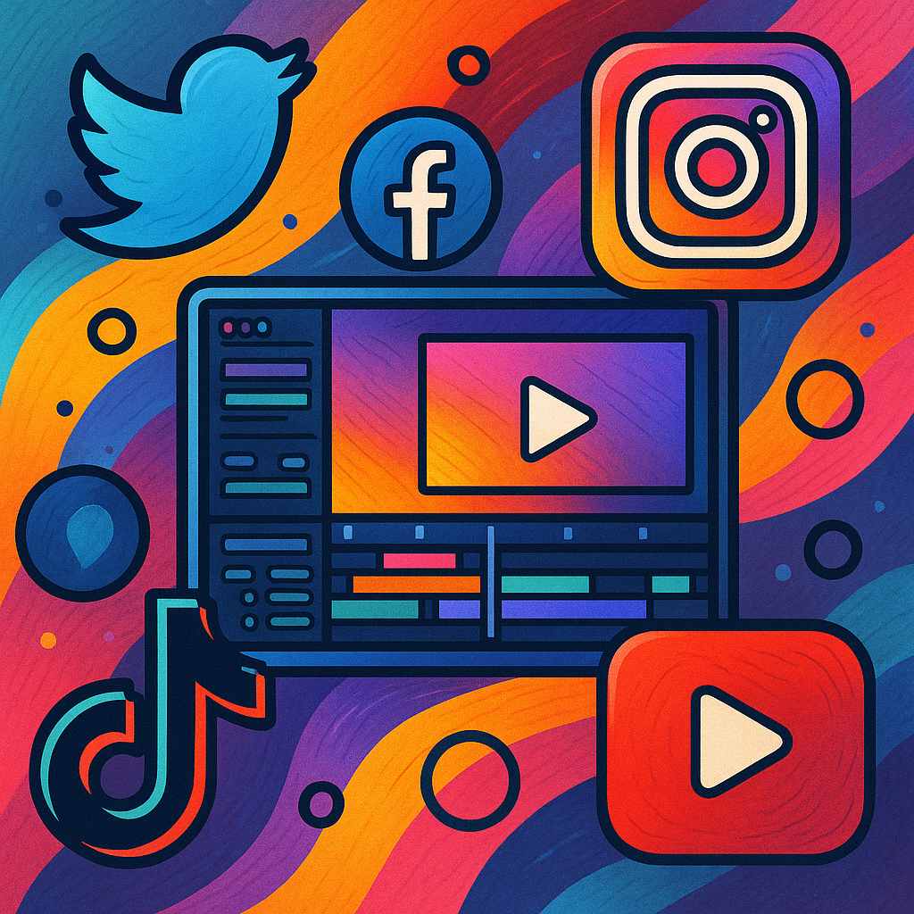Ilustração digital vibrante com ícones estilizados de redes sociais em volta de uma tela com timeline de edição, em cores intensas e design moderno.