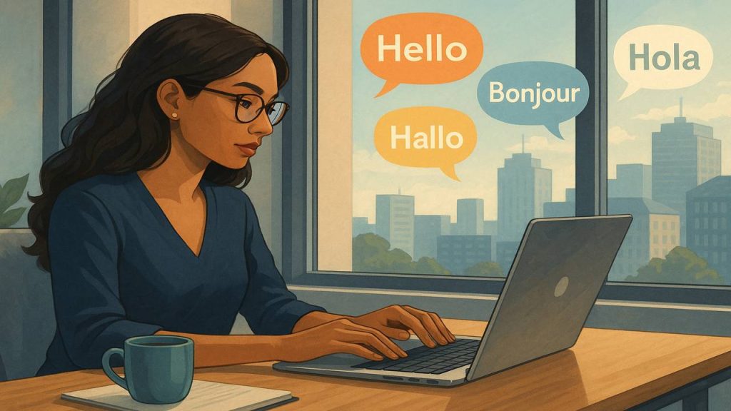 Ilustração semi-realista de uma mulher digitando em um notebook em casa, com balões de fala em diferentes idiomas aparecendo pela janela ao fundo, transmitindo a ideia de tradução online.