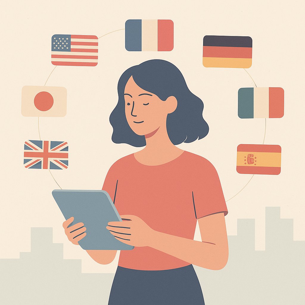 Ilustração minimalista em estilo moderno mostrando uma figura feminina estilizada segurando um tablet, cercada por várias bandeiras de países flutuando ao redor, transmitindo independência e oportunidades no mercado global, com paleta de cores suaves e inspiradoras.