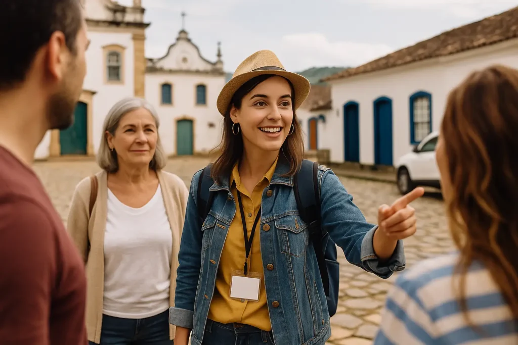 Turista sorridente interage com grupo em cidade colonial, representando hospitalidade e formas de ganhar dinheiro com turismo local sustentável.