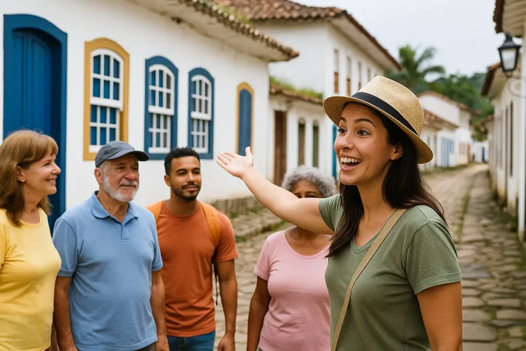 Guia turística conduz grupo de visitantes por ruas históricas brasileiras, mostrando como ganhar dinheiro com turismo local e experiências culturais.