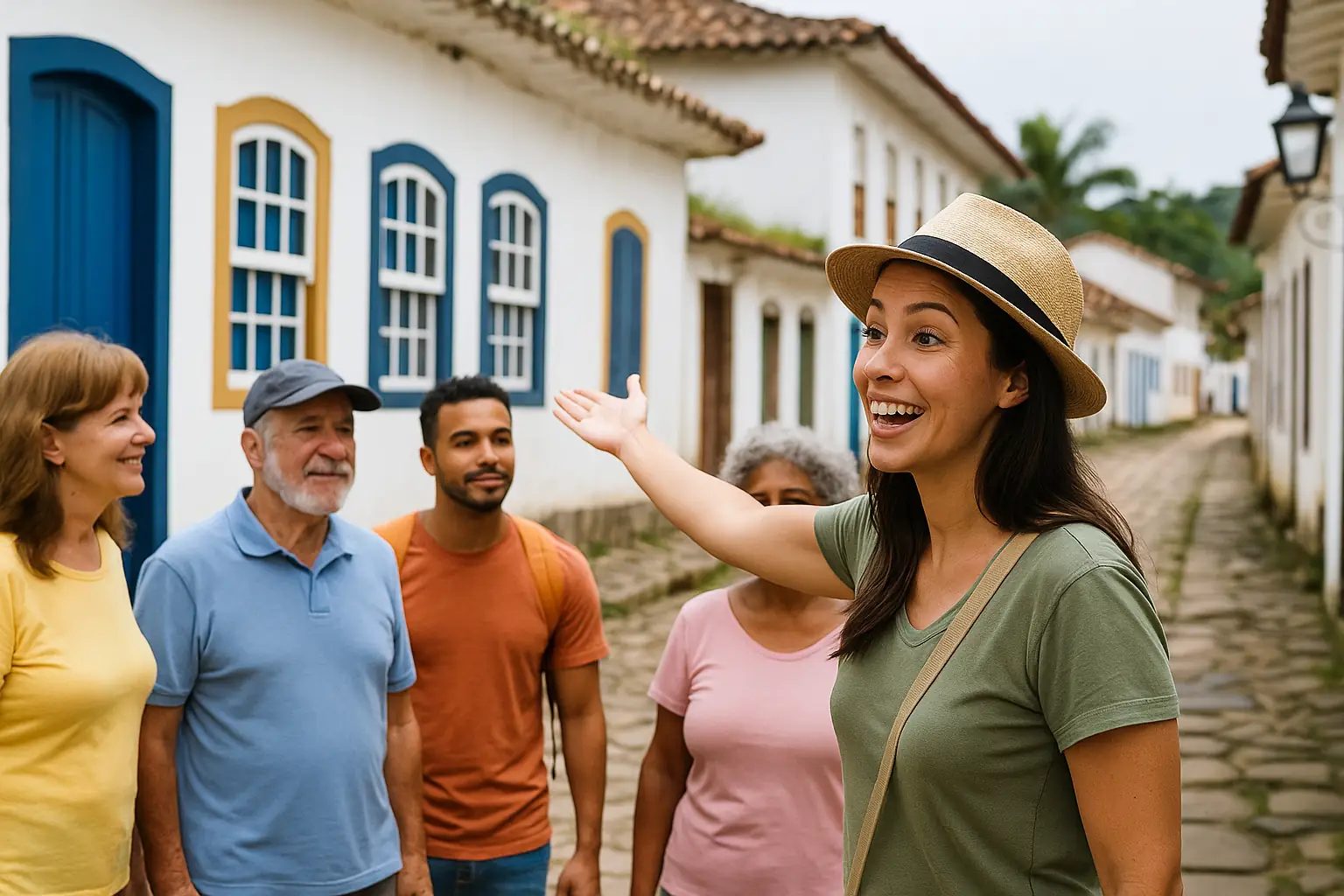Guia turística conduz grupo de visitantes por ruas históricas brasileiras, mostrando como ganhar dinheiro com turismo local e experiências culturais.