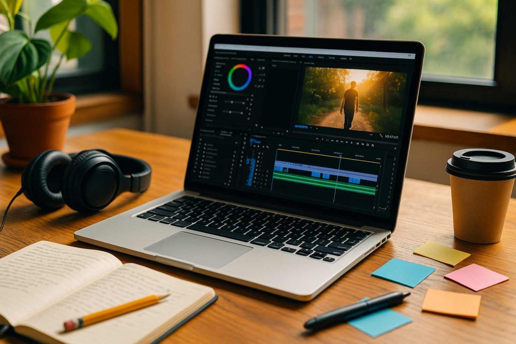 Mesa criativa de trabalho iluminada por luz natural, com laptop aberto exibindo programa de edição, fones de ouvido, caderno com anotações e elementos coloridos sobre a superfície de madeira, transmitindo inspiração e produtividade.