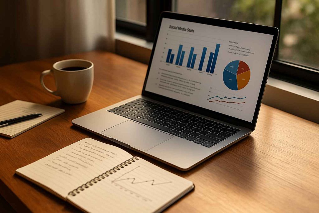 Mesa de trabalho moderna com laptop exibindo gráficos de marcas, caderno com anotações manuscritas e xícara de café, iluminada por luz suave da janela.