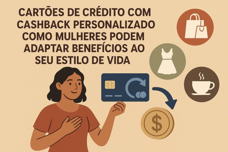 Ilustração em estilo flat sobre cartões de crédito com cashback personalizado para mulheres. No topo, há o título: ‘Cartões de crédito com cashback personalizado: como mulheres podem adaptar benefícios ao seu estilo de vida’. À esquerda, uma mulher ilustrada sorri e segura um cartão de crédito azul com símbolo de retorno/recarga, indicando benefícios personalizados. À direita, três ícones circulares representam categorias de gastos do cotidiano: uma sacola de compras (compras e varejo), um vestido (moda e estilo) e uma xícara de café (alimentação e lazer). Abaixo dos ícones, uma seta aponta para uma moeda com símbolo de dólar, mostrando o dinheiro devolvido como cashback. O fundo é claro e suave, destacando a ideia de adaptar recompensas ao estilo de vida.