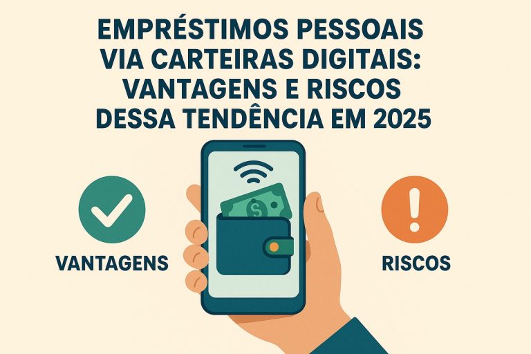 Ilustração em estilo flat sobre empréstimos pessoais via carteiras digitais em 2025. No topo, o título em letras grandes diz: ‘Empréstimos pessoais via carteiras digitais: vantagens e riscos dessa tendência em 2025’. Ao centro, uma mão segura um smartphone mostrando uma carteira digital com dinheiro dentro e um ícone de conexão sem fio acima, simbolizando crédito instantâneo pelo celular. À esquerda, há um círculo verde com um símbolo de check e a palavra ‘Vantagens’, indicando benefícios como praticidade e rapidez. À direita, um círculo laranja com ponto de exclamação e a palavra ‘Riscos’, destacando possíveis perigos como juros altos e endividamento. Fundo claro e minimalista reforça a ideia de comparação entre prós e contras do crédito digital.