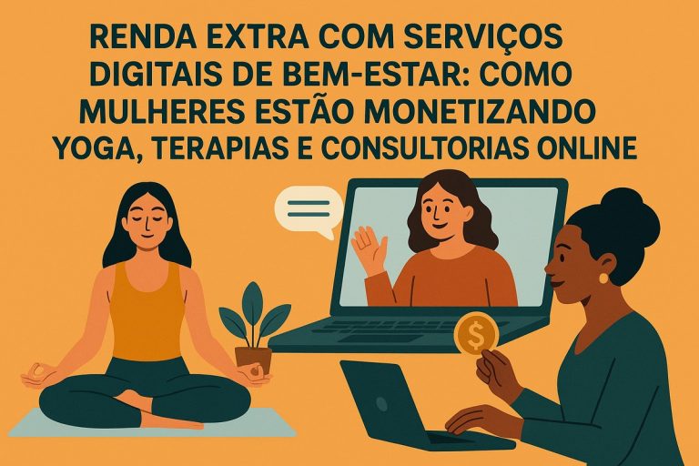 Ilustração em estilo flat com fundo em degradê laranja. No topo, há um título grande em português sobre renda extra com serviços digitais de bem-estar. A cena mostra três mulheres em diferentes contextos de trabalho online: à esquerda, uma mulher sentada em posição de meditação sobre um tapete, sugerindo yoga. Ao centro, um notebook aberto exibe outra mulher em chamada de vídeo, com a mão levantada como se estivesse orientando uma aula ou sessão terapêutica. À direita, uma mulher negra com cabelo preso trabalha em um laptop e segura uma moeda com símbolo de cifrão, representando monetização e renda. Há ainda um pequeno vaso de planta entre as personagens, reforçando a ideia de cuidado e equilíbrio. A composição comunica bem-estar, trabalho digital e geração de renda por meio de serviços online.