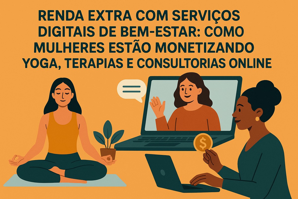 Ilustração em estilo flat com fundo em degradê laranja. No topo, há um título grande em português sobre renda extra com serviços digitais de bem-estar. A cena mostra três mulheres em diferentes contextos de trabalho online: à esquerda, uma mulher sentada em posição de meditação sobre um tapete, sugerindo yoga. Ao centro, um notebook aberto exibe outra mulher em chamada de vídeo, com a mão levantada como se estivesse orientando uma aula ou sessão terapêutica. À direita, uma mulher negra com cabelo preso trabalha em um laptop e segura uma moeda com símbolo de cifrão, representando monetização e renda. Há ainda um pequeno vaso de planta entre as personagens, reforçando a ideia de cuidado e equilíbrio. A composição comunica bem-estar, trabalho digital e geração de renda por meio de serviços online.