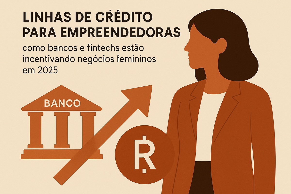 Ilustração em estilo flat com fundo claro em degradê suave. À esquerda, aparece o título em português ‘Linhas de crédito para empreendedoras’, seguido de um subtítulo menor sobre bancos e fintechs incentivando negócios femininos em 2025. Na parte inferior esquerda há um ícone de prédio clássico de banco com a palavra ‘Banco’, ao lado de uma seta grande apontando para cima, sugerindo crescimento e acesso a financiamento. Em primeiro plano, um círculo com o símbolo de real (‘R$’) reforça o tema financeiro. À direita, uma mulher de perfil, vestindo blazer em tom terroso, está em posição firme e confiante, representando a empreendedora. A composição transmite a ideia de apoio financeiro, expansão de negócios liderados por mulheres e oportunidades de crédito no contexto atual.