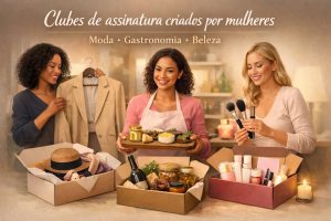 Imagem ilustrativa de clubes de assinatura criados por mulheres, mostrando três empreendedoras em um ambiente acolhedor apresentando caixas de assinatura. À esquerda, uma mulher segura uma peça de roupa, representando moda. No centro, outra mulher exibe uma bandeja com alimentos artesanais, simbolizando gastronomia. À direita, uma mulher seleciona pincéis e produtos de maquiagem, destacando o segmento de beleza. As caixas abertas contêm itens cuidadosamente organizados, reforçando a ideia de curadoria, experiência personalizada e novos modelos de negócio liderados por mulheres.
