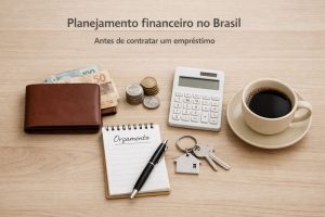 Imagem de capa sobre planejamento financeiro no Brasil, com o texto “Planejamento financeiro no Brasil” e o subtítulo “Antes de contratar um empréstimo”. Sobre uma mesa de madeira clara aparecem itens ligados a orçamento e organização: uma carteira com notas de real parcialmente visíveis, moedas empilhadas, uma calculadora, uma xícara de café, um bloquinho com a palavra “Orçamento” escrita e uma caneta. Ao lado, há um chaveiro com chaves e um pingente em formato de casa, sugerindo decisões financeiras relacionadas a moradia e compromissos mensais.