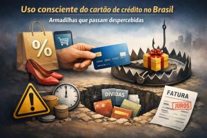 Ilustração sobre uso consciente do cartão de crédito no Brasil: no topo, o título “Uso consciente do cartão de crédito no Brasil” e o subtítulo “Armadilhas que passam despercebidas”. Ao centro, uma mão segura um cartão azul apontando para uma armadilha de urso aberta, onde há um presente embrulhado com laço vermelho como “isca”. À esquerda, sacola de compras com símbolo de porcentagem, um celular com ícone de carrinho e um par de sapatos. Na parte inferior, um sinal de alerta, moedas empilhadas e um relógio. À direita, um papel de “FATURA” com a palavra “JUROS” destacada em vermelho. Ao fundo, céu nublado e silhueta de prédios, reforçando o clima de risco financeiro.