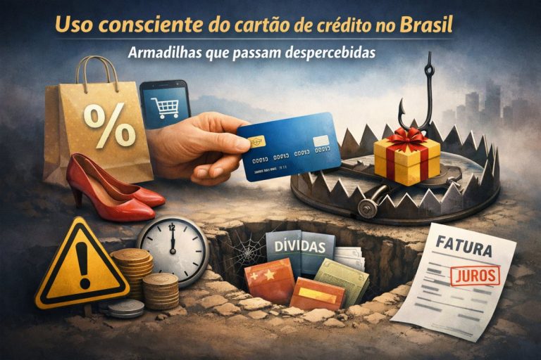 Ilustração sobre uso consciente do cartão de crédito no Brasil: no topo, o título “Uso consciente do cartão de crédito no Brasil” e o subtítulo “Armadilhas que passam despercebidas”. Ao centro, uma mão segura um cartão azul apontando para uma armadilha de urso aberta, onde há um presente embrulhado com laço vermelho como “isca”. À esquerda, sacola de compras com símbolo de porcentagem, um celular com ícone de carrinho e um par de sapatos. Na parte inferior, um sinal de alerta, moedas empilhadas e um relógio. À direita, um papel de “FATURA” com a palavra “JUROS” destacada em vermelho. Ao fundo, céu nublado e silhueta de prédios, reforçando o clima de risco financeiro.