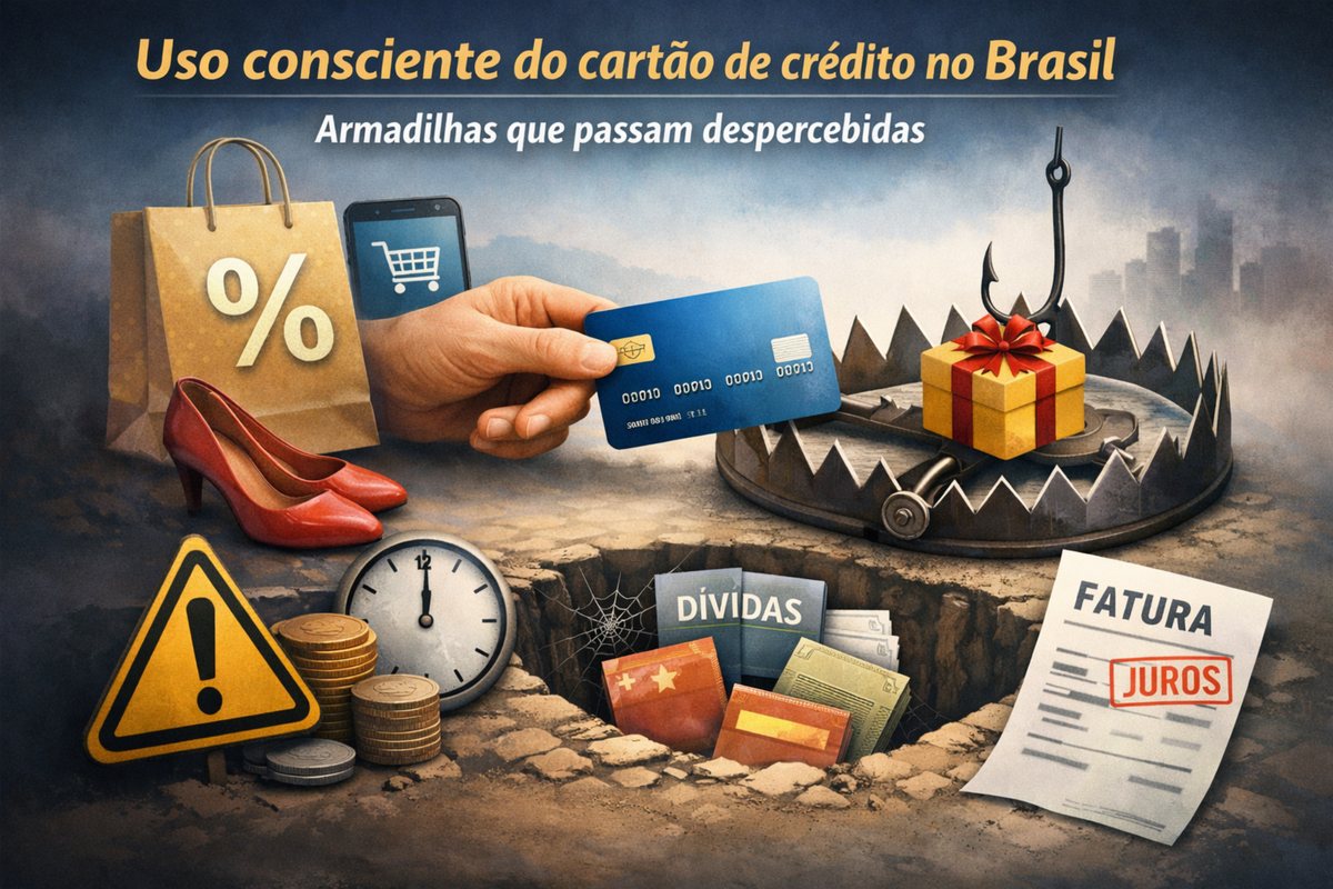 Ilustração sobre uso consciente do cartão de crédito no Brasil: no topo, o título “Uso consciente do cartão de crédito no Brasil” e o subtítulo “Armadilhas que passam despercebidas”. Ao centro, uma mão segura um cartão azul apontando para uma armadilha de urso aberta, onde há um presente embrulhado com laço vermelho como “isca”. À esquerda, sacola de compras com símbolo de porcentagem, um celular com ícone de carrinho e um par de sapatos. Na parte inferior, um sinal de alerta, moedas empilhadas e um relógio. À direita, um papel de “FATURA” com a palavra “JUROS” destacada em vermelho. Ao fundo, céu nublado e silhueta de prédios, reforçando o clima de risco financeiro.