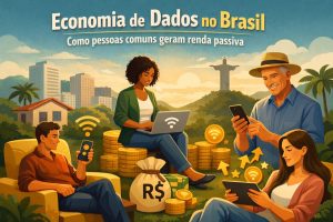 Ilustração conceitual sobre economia de dados e renda passiva no Brasil. A cena mostra quatro pessoas comuns usando dispositivos digitais em um ambiente ao ar livre. À esquerda, um homem sentado em uma poltrona utiliza o celular enquanto ícones de conexão sem fio aparecem ao redor. No centro, uma mulher trabalha em um notebook apoiado sobre pilhas de moedas douradas, simbolizando geração de renda digital. À direita, um homem mais velho segura um smartphone sorrindo, enquanto setas apontam para cima ao lado de moedas, indicando crescimento financeiro. No canto inferior direito, uma jovem utiliza um tablet. Ao fundo, aparecem prédios urbanos, áreas verdes e o Cristo Redentor, representando o Brasil. Elementos gráficos como símbolos de Wi-Fi, cifrões e sacos de dinheiro reforçam a ideia de monetização de dados e ganhos recorrentes por meio da tecnologia.