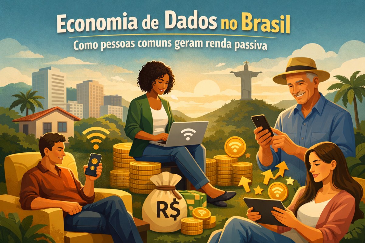 Ilustração conceitual sobre economia de dados e renda passiva no Brasil. A cena mostra quatro pessoas comuns usando dispositivos digitais em um ambiente ao ar livre. À esquerda, um homem sentado em uma poltrona utiliza o celular enquanto ícones de conexão sem fio aparecem ao redor. No centro, uma mulher trabalha em um notebook apoiado sobre pilhas de moedas douradas, simbolizando geração de renda digital. À direita, um homem mais velho segura um smartphone sorrindo, enquanto setas apontam para cima ao lado de moedas, indicando crescimento financeiro. No canto inferior direito, uma jovem utiliza um tablet. Ao fundo, aparecem prédios urbanos, áreas verdes e o Cristo Redentor, representando o Brasil. Elementos gráficos como símbolos de Wi-Fi, cifrões e sacos de dinheiro reforçam a ideia de monetização de dados e ganhos recorrentes por meio da tecnologia.