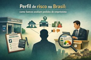Ilustração conceitual sobre perfil de risco no Brasil e como bancos avaliam pedidos de empréstimo. A cena mostra a silhueta de uma pessoa no centro representando o solicitante de crédito, conectada por linhas pontilhadas a diferentes elementos de análise, como uma casa, um carro, pilhas de dinheiro com símbolo de alerta e ícones de aprovação e reprovação. À esquerda, aparece um prédio de banco com um formulário de empréstimo, calculadora e caneta, simbolizando a análise financeira. À direita, um analista financeiro ilustrado trabalha em um computador enquanto examina um gráfico de pontuação de risco com uma lupa, representando a avaliação do histórico e do comportamento financeiro. O título “Perfil de risco no Brasil: como bancos avaliam pedidos de empréstimo” reforça o caráter educativo e informativo da imagem.